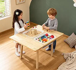 Large Solid Pine Wood Table with Flip Top, Activity Table with 2 Storage Bins & Double-Sided Board, Indoor/Outdoor Play Sand and Water, Multi-Functional Desk for Drawing Studying Dining
