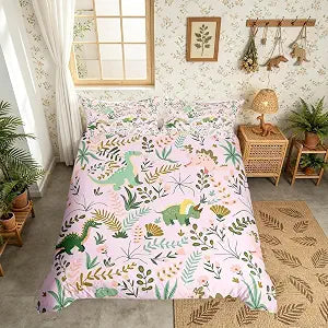 Cute Dino Kids Duvet Cover Set Twin Size,Kawaii Green Dinosaur Reversible Bedding Set for Kids Girls,Cartoon Wildlife Floral Leaves Plant Quilted Cover with 1 Pillowcase,Pink (NOT Comforter)