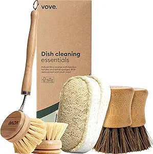 Vove Cleaning Essentials Set  Bamboo Dish Brush with Replacement Head, 2 Scrub Brushes, 2 Scrub Sponges  FSC Certified, Plastic-Free, Natural Bristles & Loofah  Eco-Friendly Kitchen Cleaning Kit