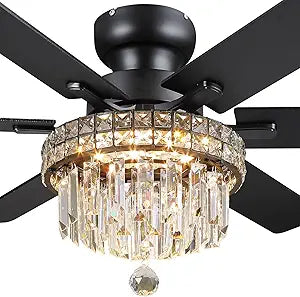 Asyko Chandelier Ceiling Fan -52" Crystal Ceiling Fan- Fandelier Fan Light Black with Remote, Reversible Motor, Dual-Sided 6 Blades, 3 Speed, Timer, Indoor Outdoor Fans, Living Room, Dining Room