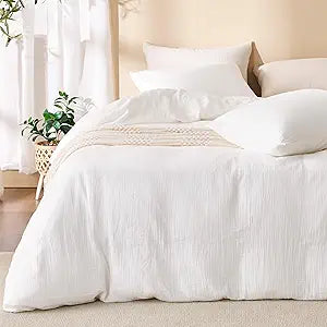White Duvet Cover Queen Size, 100% Sandwashed Cotton Soft Queen Duvet Cover Set 3 Pieces with Zipper Clousre & Corner Buttons (Bright White, Queen 90 x 90)