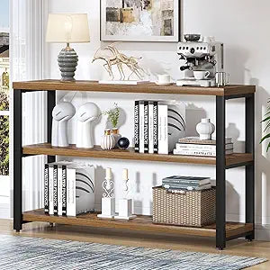 EXCEFUR Industrial Metal & Wood Console Tables for Living Room, Entryway Table with 3 Tier Storage Shelves, Sofa Hallway Table Behind Couch, Rustic Brown, 47 Inch