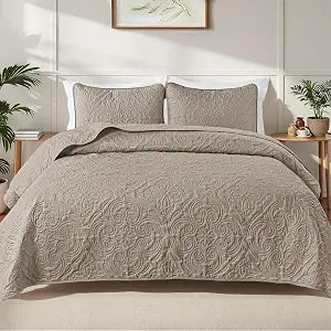 Exclusivo Mezcla Quilts King Size Bedspread with 2 Pillow Shams, Lightweight Taupe King Quilt Bedding Set with Vintage Damask Pattern, Soft Bedspreads Coverlets for All Seasons