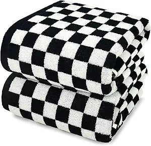 Jacquotha Black and White Checkered Cotton Bath Towels Set of 2 - Cute Aesthetic Towels for Bathroom Decor, Pool, Beach, Spa, 27.5" x 55"