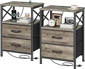 Huuger Nightstands Set of 2, Night Stand with Charger Station, 2 Drawer Side Table with Open Shelf, USB-C Port, End Table for Small Spaces, X Shaped Side Rail, Oak