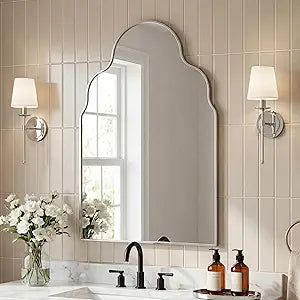 JONATHAN Y Alora 24" x 36" Nickel Scalloped Arch Metal Framed Wall Mounted Mirror for Bathroom Vanity Entryway Bedroom Living Room Modern Floating Decorative Design MIR214C