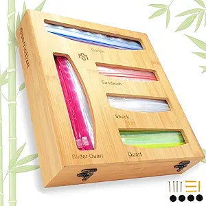 Storage Bag Holder, Baggie Organizer for Drawer or Wall Mount, Compatible with Gallon, Quart, Sandwich, Snack Size Bags, 1 Box 5 Slots, Bamboo Drawer Organizer, Baggie Holder