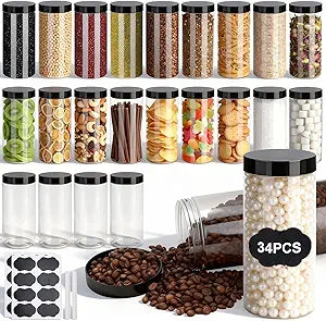 Plastic Jars with Lids,OBKJJ 34 PCS 16 OZ Large Capacity Clear Storage Containers with Leakproof Lids Reusable Empty Storage Container for Dry Food Spice Candy Cookie Household and Kitchen Organizing
