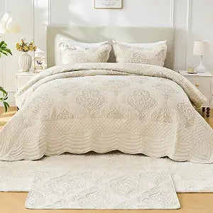 DaisyHuang Oversized Bedspread Coverlet Set King Size - Lightweight Bedding Cover - Beautiful Stitching -Luxury Damask Paisley Pattern Quilt Set, Reversible, 4 Piece with Floor Mat, Light Beige | Lightweight