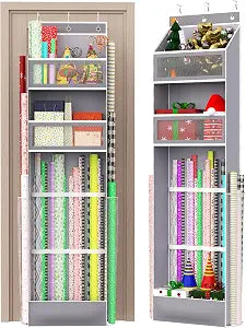 Over Door Wrapping Paper Organizer Hanging  Christmas Gift Wrap Storage for Ribbons, Bows, Ornament and Other Tools, Behind Door Long Craft Roll Holder Bag, Present Wrap Container, 1Pack, Gray