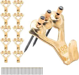 PHS 100 lb Brass Picture Hanging Hooks with Nails, 10 Pack
