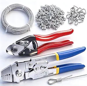 Twidec/Wire Rope Crimping Tool Up To 2.2mm With 240PCS 1/16''Aluminum Crimping Loop Sleeve And 165FT 1/16'' 304 stainless steel Wires Rope 20PCS Wire Thimbles And Wire Rope Cable Cutter Kit