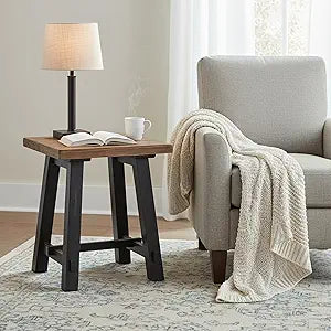 Adam Rustic Industrial Side Table  21 Solid Wood Square End Table with Natural Wood Top & Distressed Black Frame  Easy Assembly for Living Room or Apartment by Alaterre Furniture