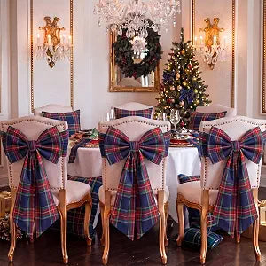 Thiccywoov 4 Pcs Christmas Chair Bows Decorations 25 x 14 in, Blue Tartan