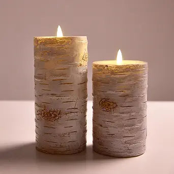 Flameless LED Pillar Candles, Real Wax Birch Bark, Set of 2