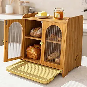 Emojoy Bread Box for Kitchen Countertop, Large Double Layer Wooden Bread Storage Container with Acrylic Window, Adjustable Air Vents & Built-In Cutting Board, Pantry Organizer