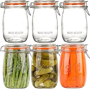 32oz Wide Mouth Mason Jars (6 Pack)  Reusable Airtight Glass Storage Jars with Hinged Lids, BPA-Free, Dishwasher Safe, Perfect for Canning, Pickling, Coffee & Fermenting