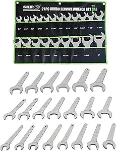 Grip 21 pc Jumbo Service Wrench Set SAE - Sizes from 3/4" up to 2" - Chrome Plated - Chrome Vanadium Steel - Heavy Duty Storage Pouch - Automotive, Hydraulic Equipment