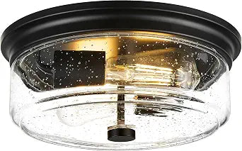 Black Flush Mount Ceiling Light, 12 Inch 2-Light Industrial Farmhouse Light Fixture with Seeded Glass Shade for Kitchen, Hallway, Entryway, Bedroom