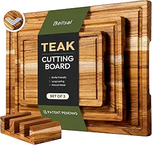 Bellsal 3 Pack Teak Wood Cutting Board Set for Kitchen Charcuterie Board Serving Heavy Duty Non Toxic Slip Over Sink Solid Thick Haus Wooden Chopping Board Large Big Small Meat Kitchen Essential Gift