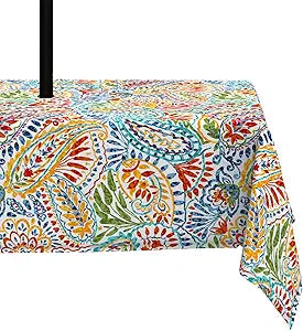 LVTXIII Outdoor Rectangle Tablecloth, Decorative Water-Repellent and Fade Resistant Table Covers with Umbrella Hole, Patio Table Cloth with Zipper for Oblong Table Use, 6084 Inch, Paisley Multi