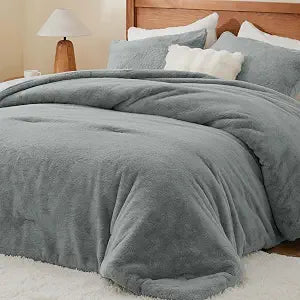 BEDELITE Faux Fur Fleece Queen Comforter Set - Fluffy & Warm Grey Comforter Queen SizeUltra Soft and Cozy Winter Bedding Set,Fuzzy Thick Bed Set,1 Comforter and 2 Pillowcases