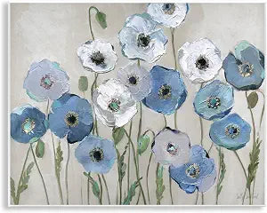 Round Blue White Poppies Floral, 11 x 14 Inch Mounted Print on Wall Plaque
