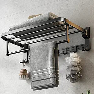 VOLPONE 24 Inch Towel Rack with Towel Bar Holder Foldable Towel Shelf with Movable Hooks Rustproof Towel Storage wall Mount for Bathroom Lavatory Matte Black