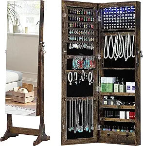 GISSAR Jewelry Organizer Full Length Mirror Jewelry Cabinet Standing/Wall Mounted Jewelry Armoire Storage with Lights Lockable, Vintage Brown