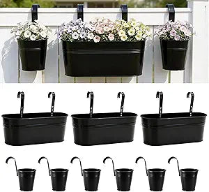 LaLaGreen 17 Inch Rail Planter (9-PIECE COMBO SET) Large Black Metal Hanging Rail Fence Flower Pots, Modern Balcony Railing Planter Garden Style Iron Patio Planters Outdoor Deck Decoration Porch Decor