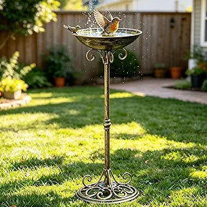 Diam 11.4" W*27.6" H Cast Iron Pedestal Bird Bath, Bird Baths for Outdoors, Seed Tray Garden Yard Decoration
