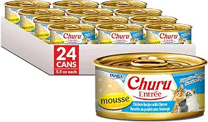 INABA Churu Entre Mousse for Cats, High Moisture, Prebiotic Wet Cat Food, 5.5oz Cans, 24 Cans Total Chicken Recipe with Cheese