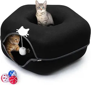 Large Cat Cave Bed for Indoor Cats, Cat Donut Tunnel Bed with Peekaboo Hideaway, Hanging Toy Ball & 3 Play Balls, Felt Cat Cave Bed for Multiple & Large Cats to 30lbs, Detachable Washable Meow Mansion