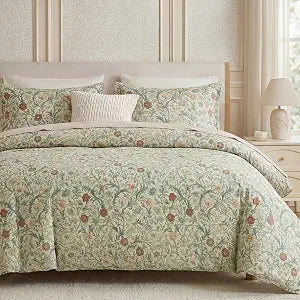 Bedding_Dreamer Queen Size Duvet Cover Set, 3 Pieces, 100% Cotton Twill Floral Botanical Bedding Set, Sage Green Vintage English Garden Duvet Cover with Zipper Closure & 8 Corner Ties