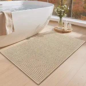 Color&Geometry Rubber Backed Waffle Bath Mat 36x24, Non Slip Water Washable Bathroom Rugs, Soft Absorbent Chenille Boho Carpet for Bathroom Floor, Tub and Shower, Beige