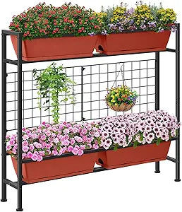 CADUKE Raised Garden Bed, Garden Raised Planter Box with Legs, 32" Elevated Vegetable Garden Beds with Drainage Holes & Trellis, Herb Garden Planter Outdoor for Vegetables, Balcony, Red