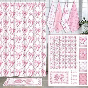 Fourluoo 18 Pcs Pink Bow Shower Curtain Set with 12 Decorative Shower Curtain Hooks Pink Bow Knot Bathroom Towels Coquette Non Slip Absorbent Microfiber Rug for Christmas Modern Aesthetic Bathroom