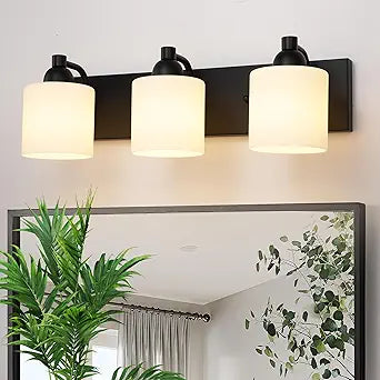 Mecgirn Milk Glass Vanity Lights for Bathroom, 3 Light Matte Black Bathroom Light Fixtures Over Mirror, Ceramic E26 Sockets Wall Mounted