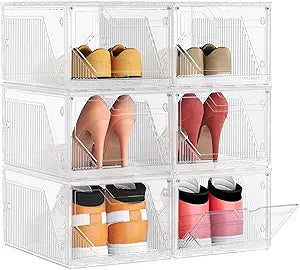 SONGMICS Shoe Boxes Set of 6, Stackable Clear Plastic Shoe Storage Organizers, Expandable Vertically or Horizontally, with Magnetic Doors, up to US Size 12, Cloud White ULSP806WH01