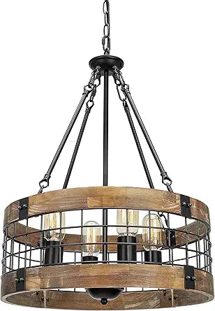 ACNKTZ Farmhouse Rustic Chandelier Light Fixture, 4-Light Round Hanging Pendant Lighting for Dining Room Entryway Kitchen Island Foyer Breakfast Area, Black Wood and Black Metal Finish