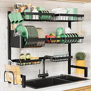 Kitsure Over The Sink Dish Drying Rack - 31.5" to 39.4" x 30.3", Adjustable Sink Drying Rack for Kitchen Sink with Multifunctional Baskets, Black