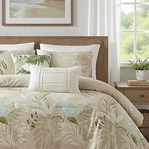 Harbor House King Comforter Set, Tropical Palm Print, Soft Cotton Oversized Comforter for a King-Size Bed, Coastal Bedding, 2 Shams, Bedskirt, 2 Dcor Pillows, Kiawah Island, King Taupe | Soft Cotton