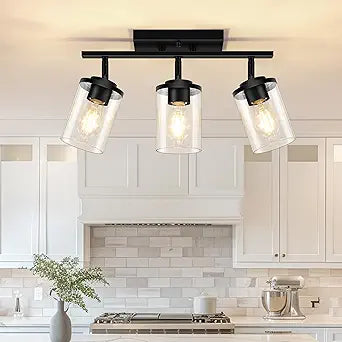 FadimiKoo 3-Lights Semi Flush Mount Ceiling Light, Adjustable Kitchen Light Fixtures Ceiling Mount with Clear Glass Shades, Rotatable Black Track Lighting Fixtures for Hallway, Foyer, Bedroom