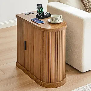 Turtle&Myrtle Nightstands with Charging Station, Narrow Side Table with Storage Doors and Shelves, Mid-Century Modern Bedside Table for Small Spaces Bedrooms, Walnut