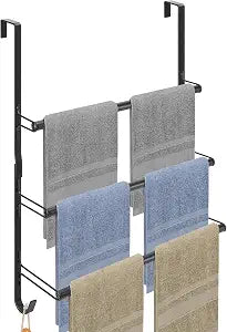 Livabber 3-Tier Over The Door Towel Rack, All Metal Towel Rack with Hooks for Door Hanging, Behind Door Towel Bar Towel Storage Holder for Bathroom Accessories, Black (19.37" L x 5.9" W x 24.4" H)