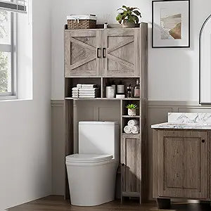 Homhedy Over The Toilet Storage Cabinet with 2 Barn Door and Toilet Paper Holder Stand, FreeStanding Toilet Shelf Space Saver, for Bathroom, Restroom, Laundry, Greige