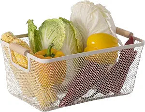 Basicwise Multipurpose Metal Mesh Basket with Wooden Handle Storage Organizer for Kitchen Pantry Bathroom Cabinet Closet Countertop Fruit Holder Picnic Food and Beverages Carrier and Home Decor, Large