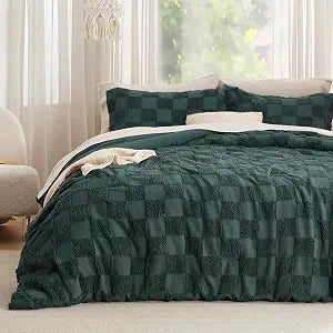 Bedsure Checkered Boho Duvet Cover Queen, Tufted Embroidery, Forest Green
