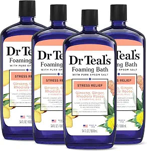 Dr Teal's Foaming Bath with Pure Epsom Salt, Stress Relief with Ginseng & Ginger, 34 fl oz (Pack of 4)