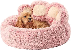 Jiupety Paw Shape Calming Pet Bed, Plush Faux Fur Donut Bed for Dogs & Cats, Machine Washable, Non-Slip Bottom, Large Size (26"26"8"), Pink